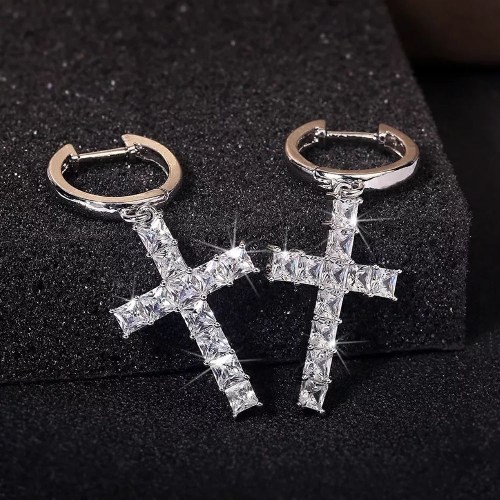 Large Asscher Cut Cross Earrings in White Gold